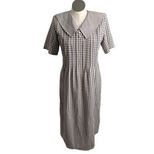 Vtg Miss Dorby Womens Midi Dress 12 Black Gingham Peter Pan Collar School Modest
